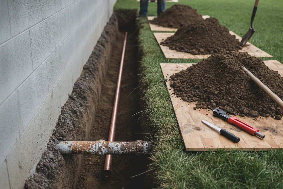 Excavated water line trench during Water Softener Installation in Crowell